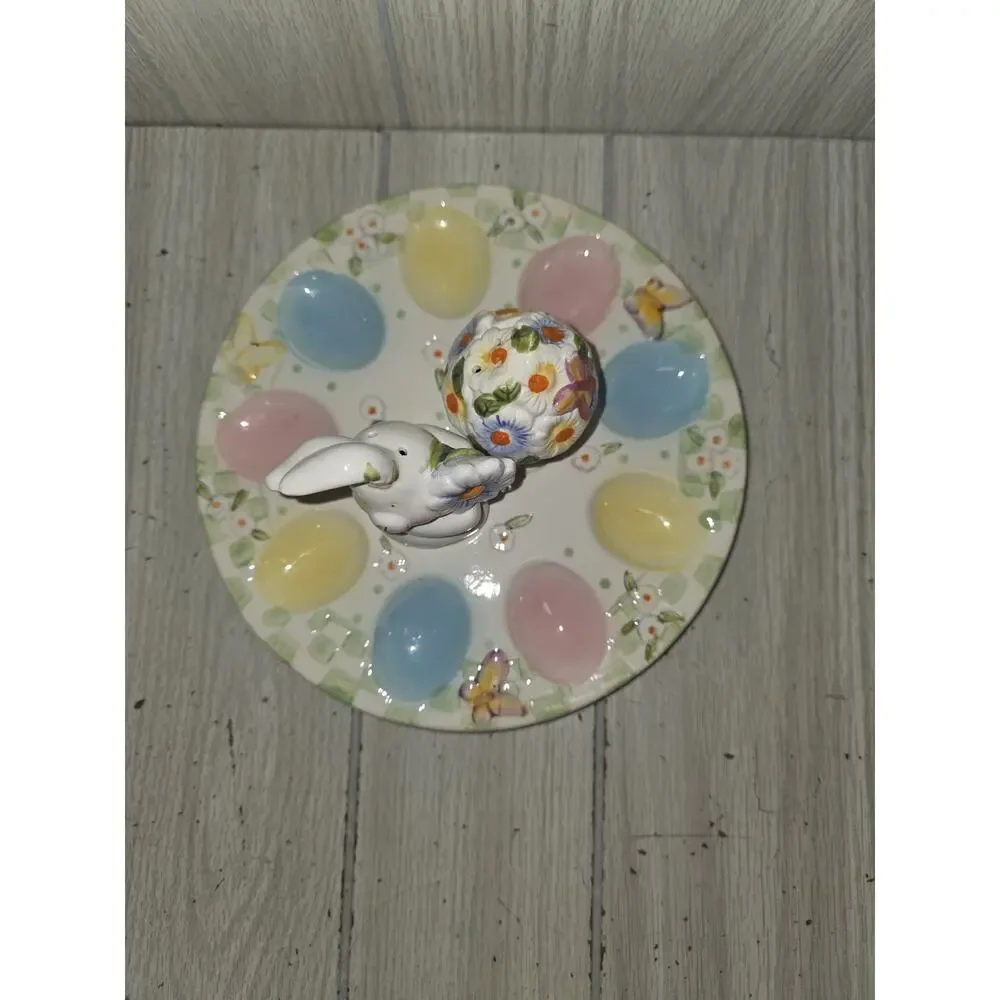 Vtg Easter Egg Plate Bunny Salt n Pepper Shakers Deviled Egg Plate Egg Display